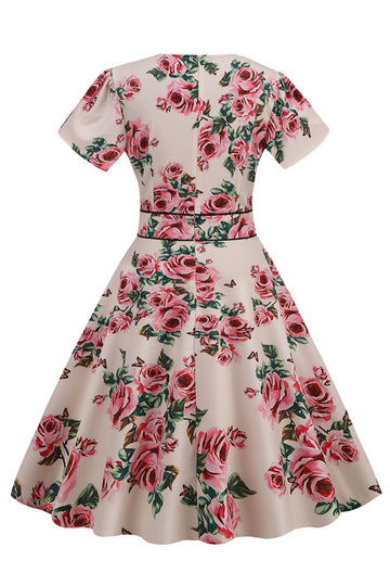 Rosa V Cuello Flor Estampado Vestido Vintage